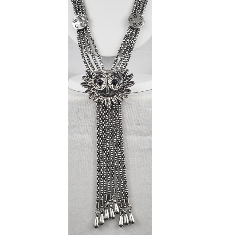 Silver Tone Multistrand Owl Necklace
